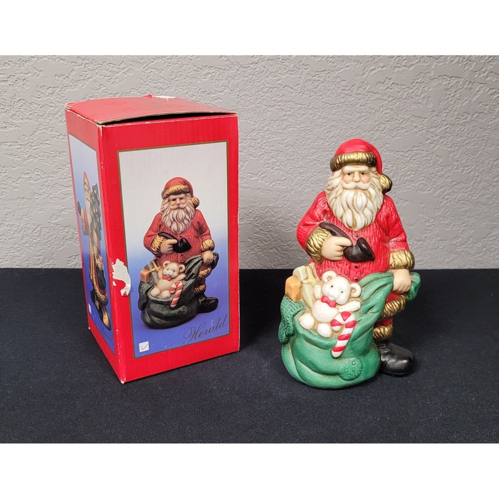 Vintage 1990s Herald Porcelain Hand-Painted Santa Figurine Holding Bag of Toys